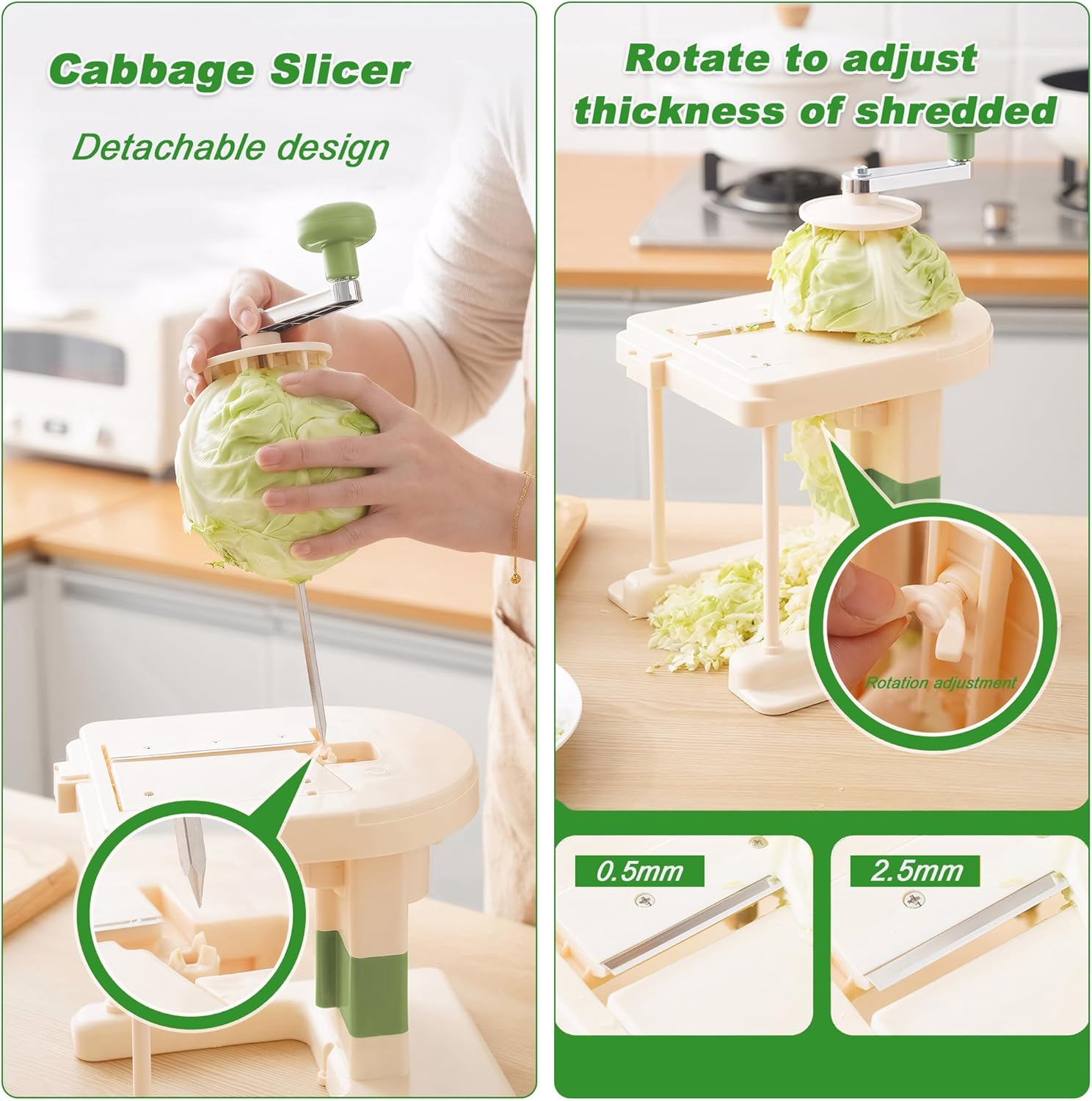 Razatoare pentru varza manuala, Zola, din plastic, 3 lame de schimb, baza anti-alunecare, 30x22x25 cm, crem/verde Razatoare pentru varza manuala, Zola, din plastic, 3 lame de schimb, baza anti-alunecare, 30x22x25 cm, crem/verde